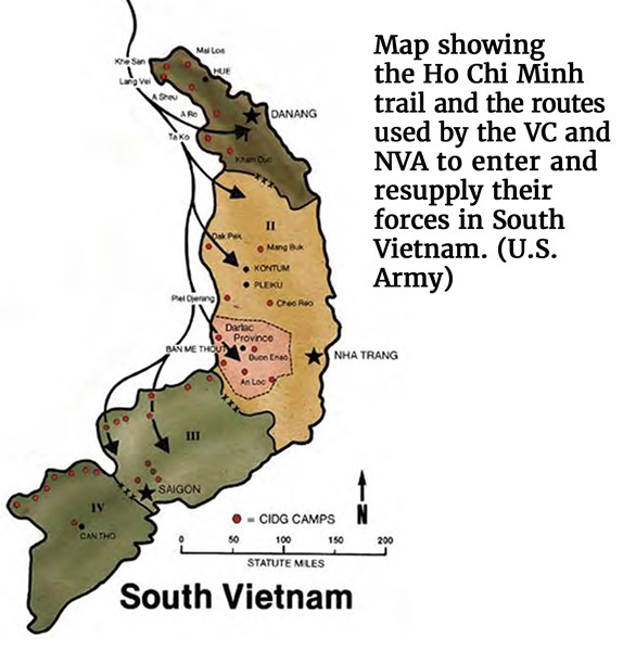 Map showing the Ho Chi Minh trail and the routes used by the VC and NVA to enter and resupply their forces in South Vietnam. (U.S. Army)
